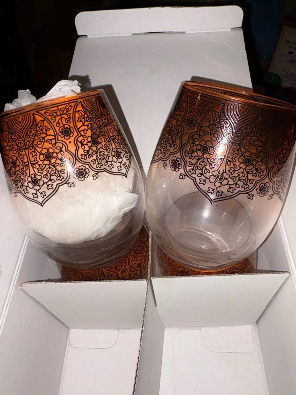 LSA Clear Hand-Painted Brownish Rust Art Noveau Stemless Wine Glasses